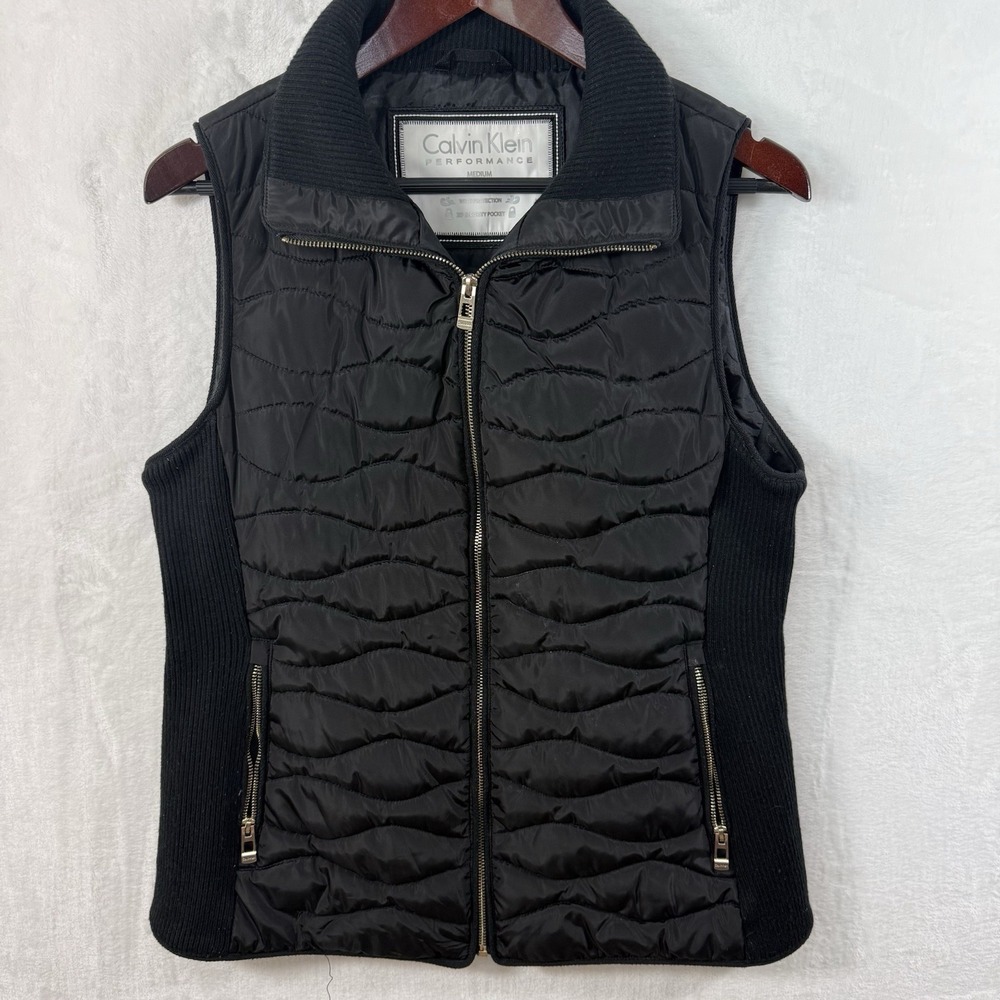 Calvin Klein Performance Womens Black Quilted Puffer Vest Ribbed Sides Medium